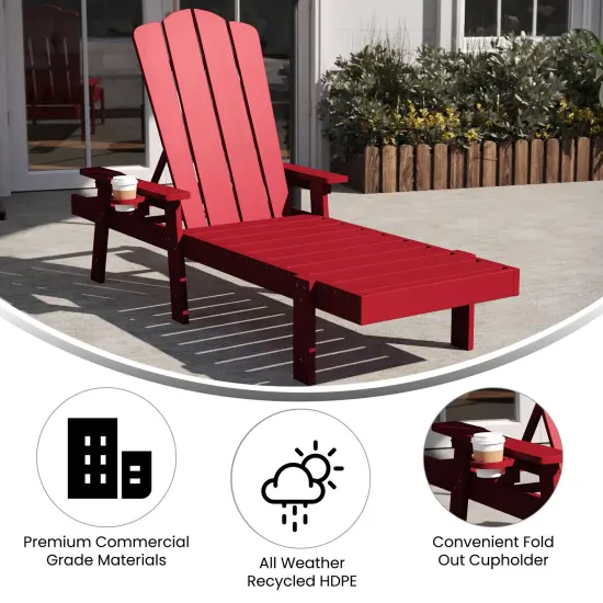 Merrick Lane Solvang Indoor/Outdoor Adjustable Adirondack Lounger with Fold Out Cupholder- Recycled All-Weather Indoor/Outdoor HDPE Lounge Chair Red {2}