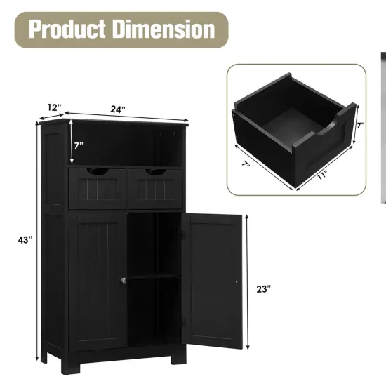 Bathroom Wooden Side Cabinet with 2 Drawers and 2 Doors Black {5}