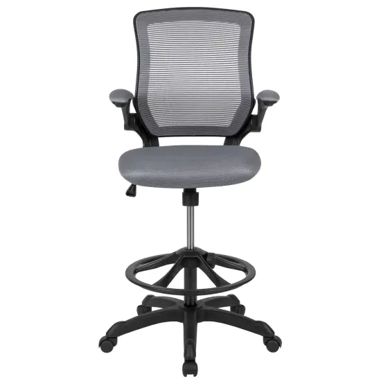 Emma and Oliver Mid-Back Mesh Ergonomic Drafting Chair with Foot Ring and Flip-Up Arms Dark Gray {3}