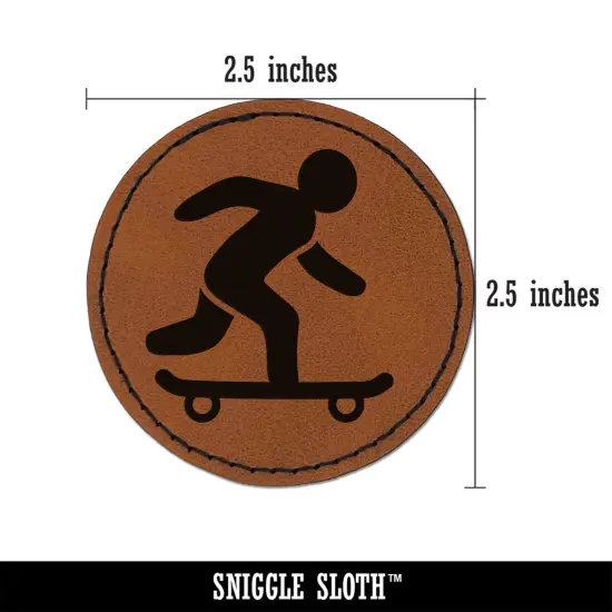 Skateboarding Man on Skateboard Round Iron-On Engraved Faux Leather Patch Applique - 2.5" Brown {3}