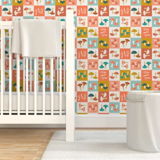Pre-Pasted Wallpaper 2FT Wide Checkerboard Mushrooms Orange Blue Shrooms Toadstools Nature Botanical Whimsical Custom Pre-pasted Wallpaper by Spoonflower {7}