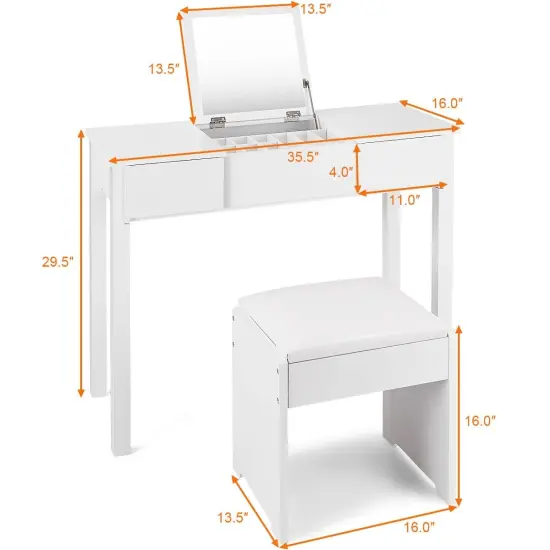 Vanity Makeup Dressing Table Set with Flip Top Mirror and Cushioned Stool White {4}