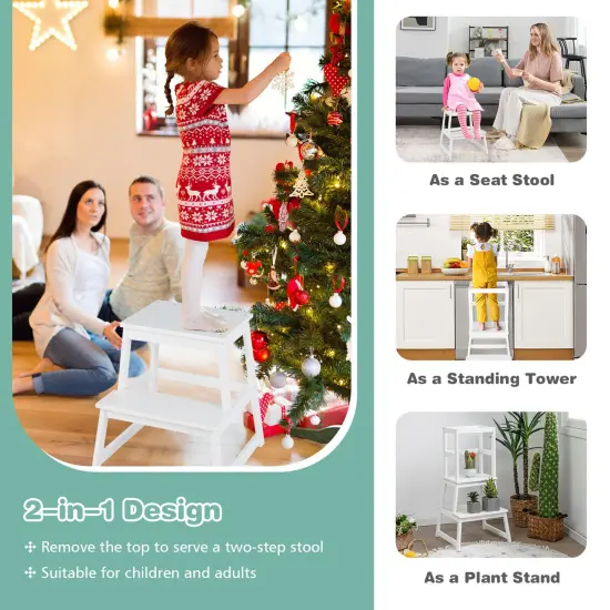 2-in-1 Multifunctional Wooden Kids Step Stool with Safety Guardrail and Wide Platform White {4}