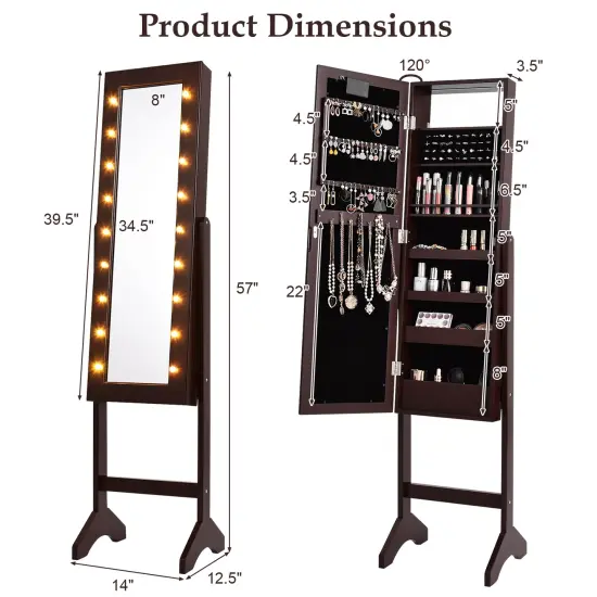 Freestanding Jewelry Organizer Cabinet Armoire with LED Lights and Full Length Mirror Brown {4}