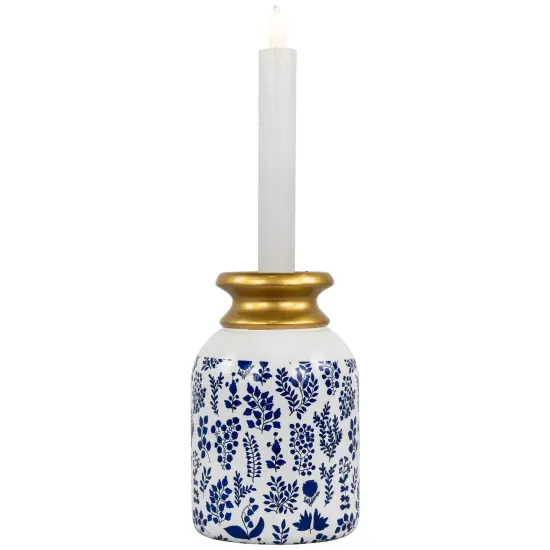 Northlight Wooden Floral Taper Candle Holder - 6"- White and Blue {1}
