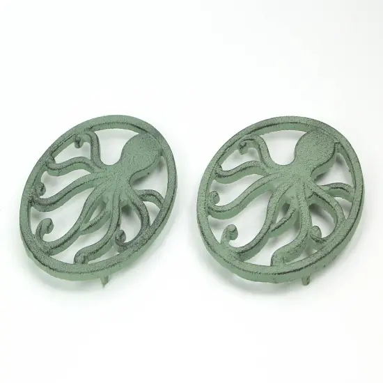 Distressed Coastal Cast Iron Octopus Sea Foam Green Trivet Set of 2 {3}