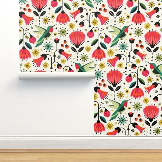 Peel & Stick Wallpaper 2FT Wide Hummingbird Vintage Flowers Floral Retro Mod Mid Century Scandi Red Yellow Green Custom Removable Wallpaper by Spoonflower {2}