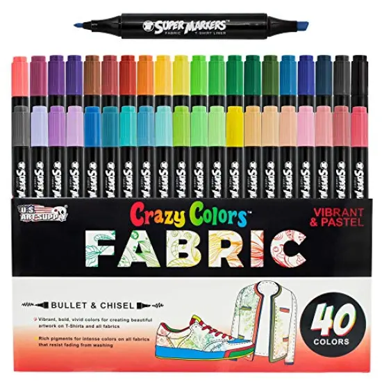 Super Markers Dual Tip Fabric & T-Shirt Marker Set - 40 Unique Primary & Pastel Colors, Double-Ended with Chisel and Fine Point Tips, Permanent Ink in Vibrant and Bold Shades {2}