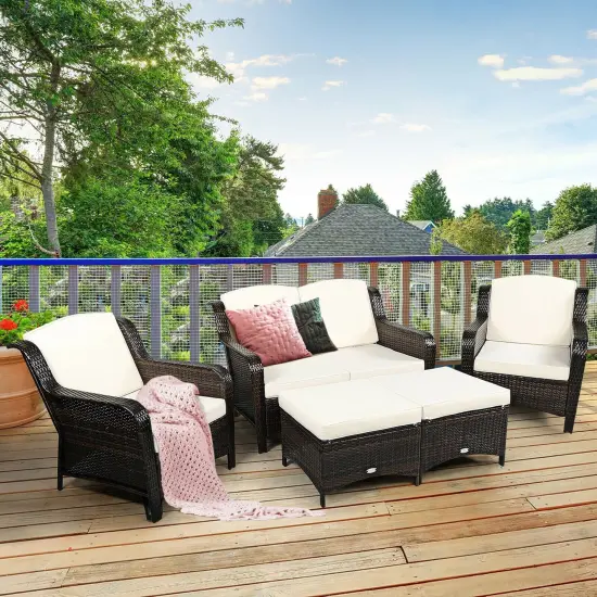 5 Pieces Patio Rattan Sofa Set with Cushion and Ottoman Off White {6}