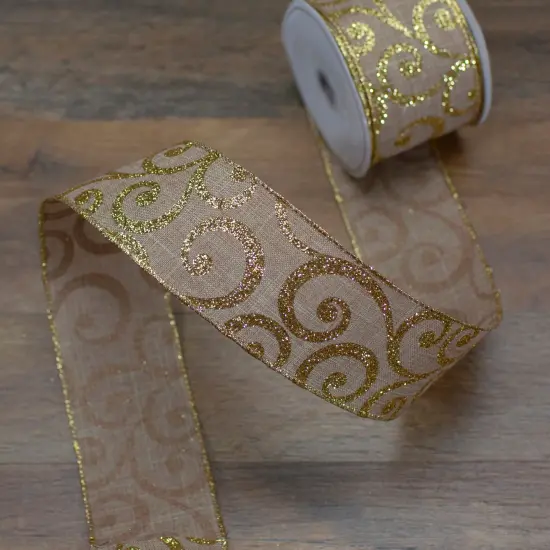 Northlight Burlap and Gold Scroll Christmas Wired Craft Ribbon 2.5" x 10 Yards Brown {3}