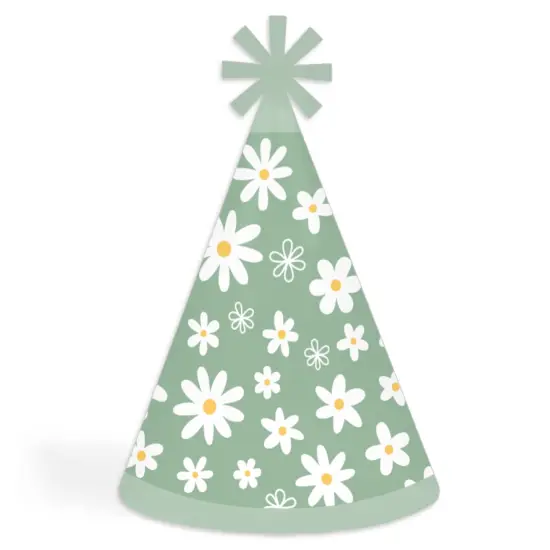 Big Dot of Happiness Sage Green Daisy Flowers - Cone Happy Birthday Party Hats for Kids and Adults - Set of 8 (Standard Size) {1}