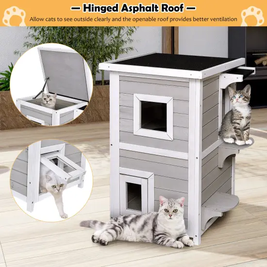 2-Story Wooden Cat House with Escape Door Rainproof {4}