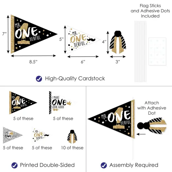 Big Dot of Happiness 1st Birthday Little Mr. Onederful - Triangle Boy First Birthday Party Photo Props - Pennant Flag Centerpieces - Set of 20 {4}