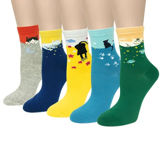 Wrapables Novelty Animal Print Crew Socks (Set of 5), Moonlight Cats {1}