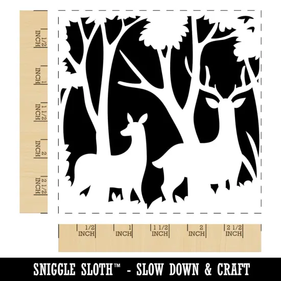 Pair of Deer Silhouette in Forest Square Rubber Stamp for Stamping Crafting {1}
