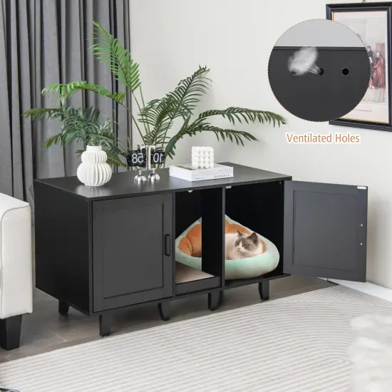 2-Door Cat Litter Box Enclosure with Winding Entry and Scratching Board-Black {1}