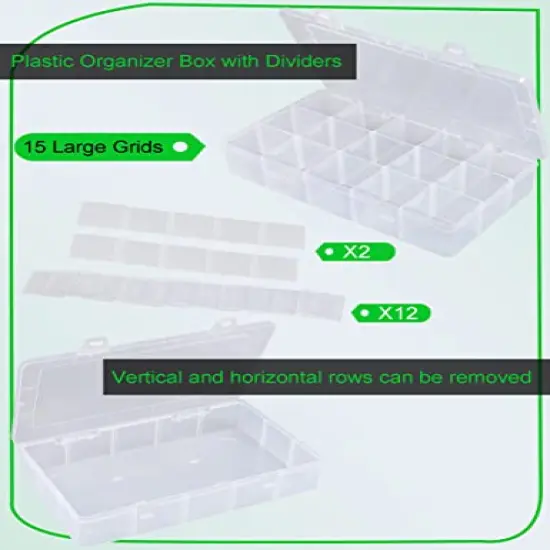 2 Pieces Plastic Organizer Box Craft Box Bead Organizer Tackle Box Organizer 15 Large Grids Clear Craft Storage Box Snackle Box Container Washi Tape Organizer {1}