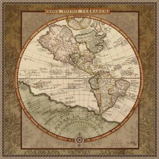 Damask World Map I by Elizabeth Medley Framed Canvas Wall Art {1}