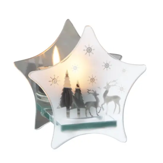 Midwest 8.5" Clear Frosted Glass Snowflake Reindeer Mirrored Star Christmas Tea Light Candle Holder {1}