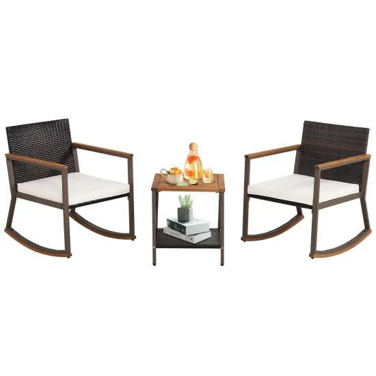 3 Pieces Rattan Rocking Bistro Set with Coffee Table and Cushions-Off White {3}