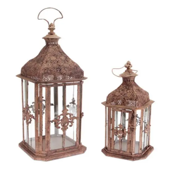 Melrose Set of 2 Brick Brown Antique Rustic Pillar Candle Holder Lanterns 24" {1}