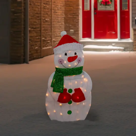 Northlight 32" Lighted 2D Chenille Snowman with Scarf Outdoor Christmas Decoration White {3}