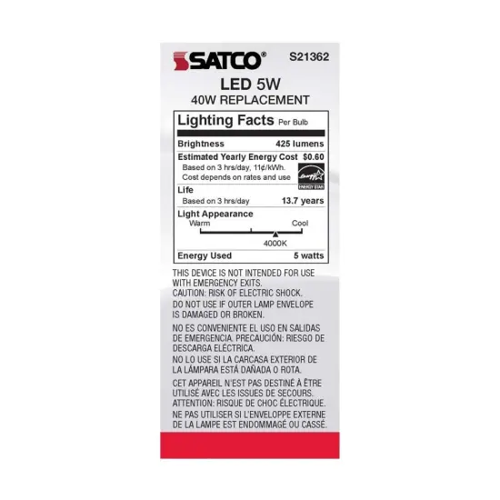 6Pk - Satco 5w ST19 LED 4000K Medium Base Dimmable - 40w equiv Cool White {6}