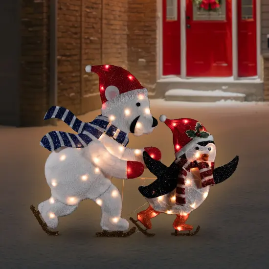 Northlight 41.25" Lighted Ice Skating Polar Bear and Penguin Outdoor Christmas Decoration Red {3}