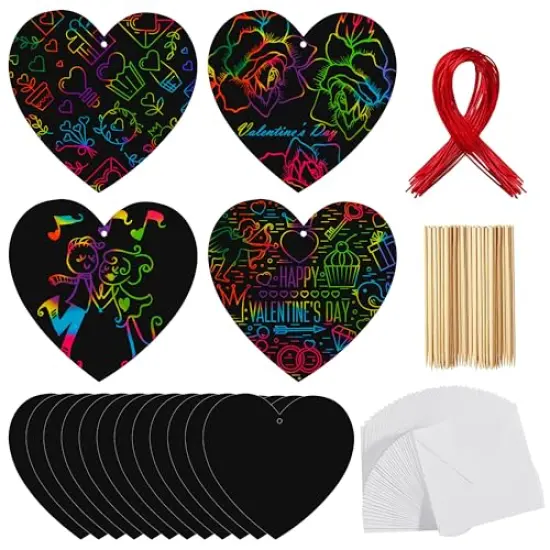JOYIN 60 Packs Valentines Day Gifts Cards with Scratch Heart for Kids Scratch Paper Magic Color Scratch Heart Rainbow Cards for Valentine Crafts & Art Classroom Exchange, Valentine's Party Favors {1}
