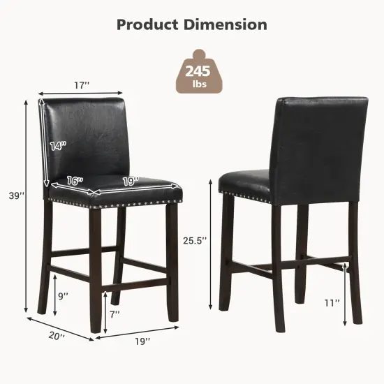 Set of 2 Bar Stools Counter Height Chairs with Padded Seat and Curved Backrest Black {4}