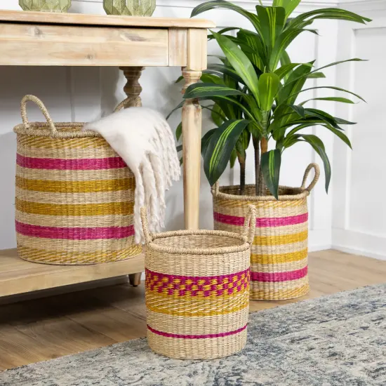 Northlight Set of 3 Striped Fuchsia and Yellow Seagrass Woven Baskets with Handles 13.75" {3}
