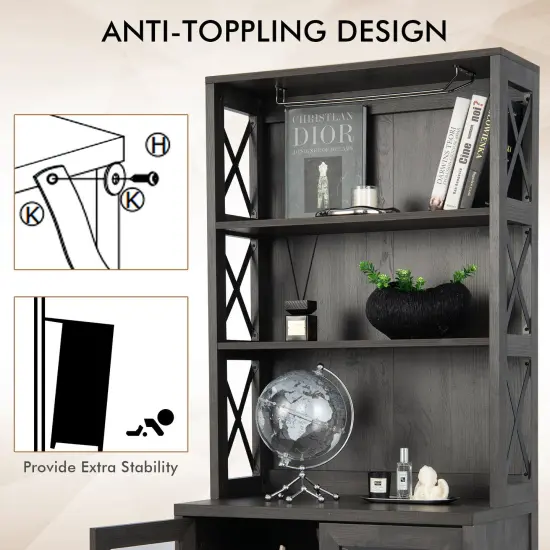 Tall Freestanding Bar Cabinet Buffet with Glass Holder and Adjustable Shelf {5}