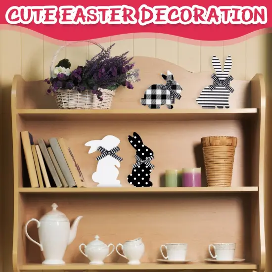4 Pcs Easter Bunny Table Wooden Signs Bunny Shaped Farmhouse Decor Spring Bunny Wood Tabletop Easter Decorations Easter Bunny Dining Room Table Decor Sign Bunny Decor with Rope (Striped) {5}