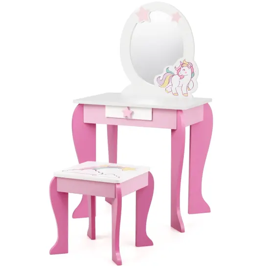 Kids Wooden Makeup Dressing Table and Chair Set with Mirror and Drawer Pink {4}