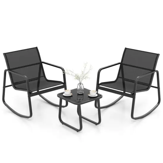 Costway 3 Piece Patio Rocking Set 2 Rocking Bistro Chairs & Glass-Top Table for Porch {2}