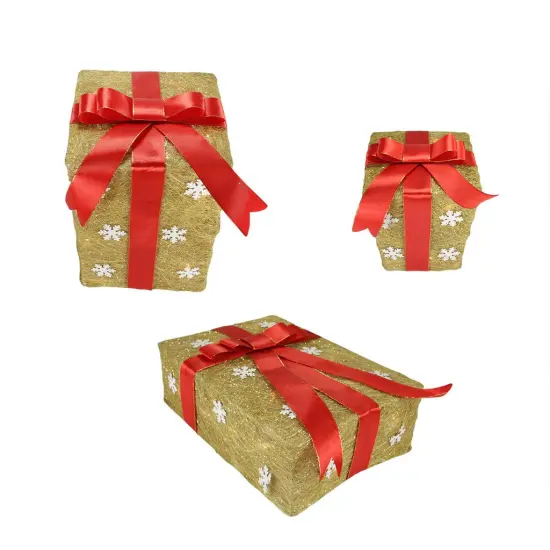 Northlight Lighted Snowflake Gift Box Outdoor Christmas Decoration - 13" - Gold - Set of 3 {1}