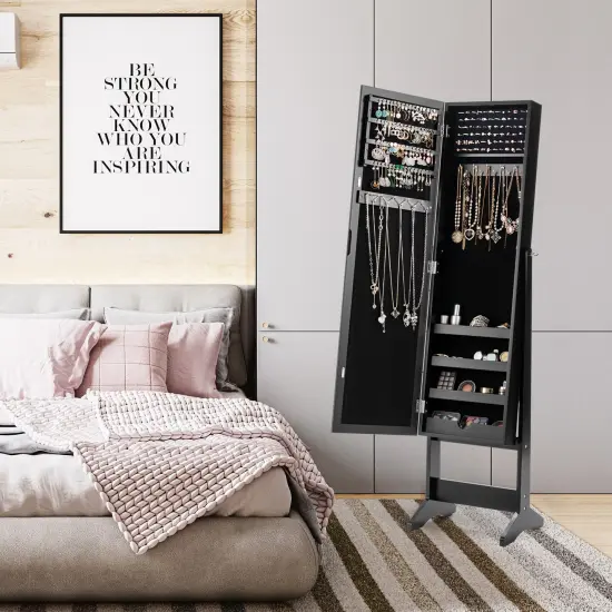 Full Length Mirrored Standing Jewelry Cabinet Storage Box Black {2}