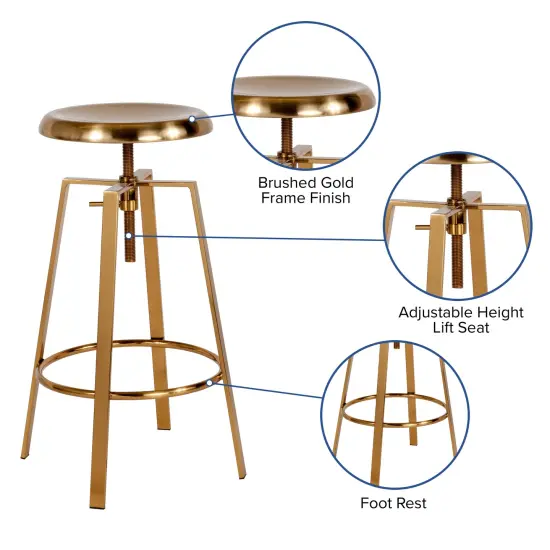 Merrick Lane Serling Series Industrial Style Bar Stool with Height Adjustable Swivel Seat Gold {2}