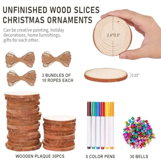 Max Fun Natural Wood Slices 30Pcs 2.4-2.8'' Craft Wood Kit Christmas Ornaments Unfinished Predrilled with Hole Wooden Circles for Arts and Crafts Christmas Holiday Ornaments DIY Crafts {6}