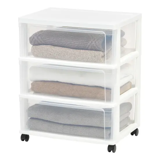 IRIS USA 3 Drawer Wide Storage Drawer Cart with Caster Wheels, Plastic Rolling Dresser for Home Closet Bedroom Bathroom Office Laundry Kitchen Craft Room Nursery and School Dorm, White/Clear {2}
