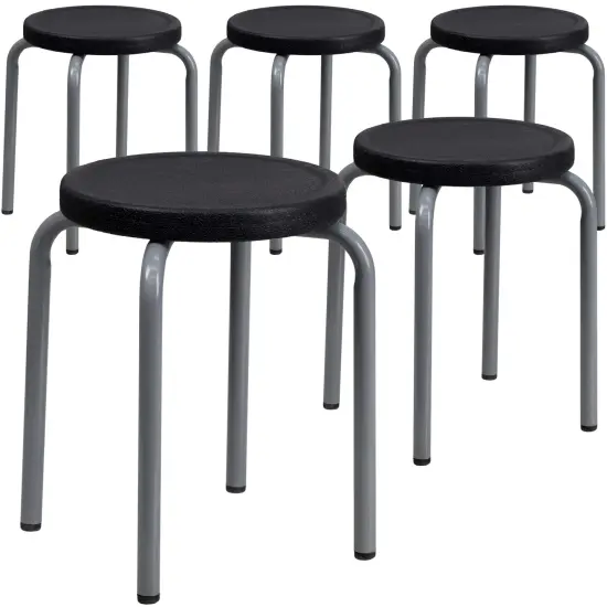 Emma and Oliver 5 Pack Stackable Stool with Silver Powder Coated Frame Black {1}