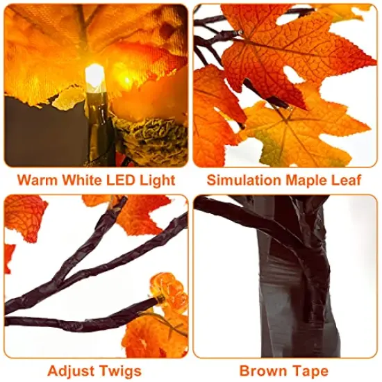 2 Pack & Timer 24 Inch Lighted Maple Tree Fall Decor, Total 48 LED Battery Operated Tabletop Artificial Tree Design Patent Pumpkin & Acorn Thanksgiving Halloween Decoration Home Indoor {4}