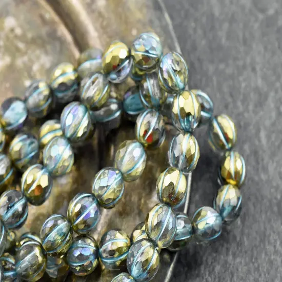 *20* 8mm Turquoise Washed Golden Crystal AB Faceted Round Melon Beads {3}
