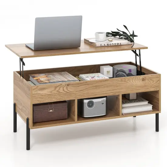 Costway Lift Top Coffee Table with Storage Compartment & 3 Open Cubbies for Living Room {1}