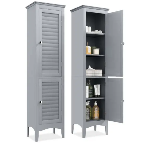 Costway Tall Bathroom Floor Cabinet Narrow Linen Tower with 2 Doors & Adjustable Shelf Black/Coffee/Grey {7}