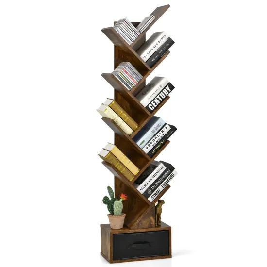 10-tier Tree Bookshelf with Drawer Free-standing Storage Bookcase Rustic Brown {3}