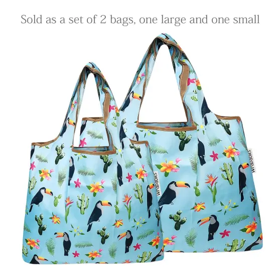 Wrapables Large & Small Foldable Tote Nylon Reusable Grocery Bags, Set of 2 Toucan & Cacti {3}