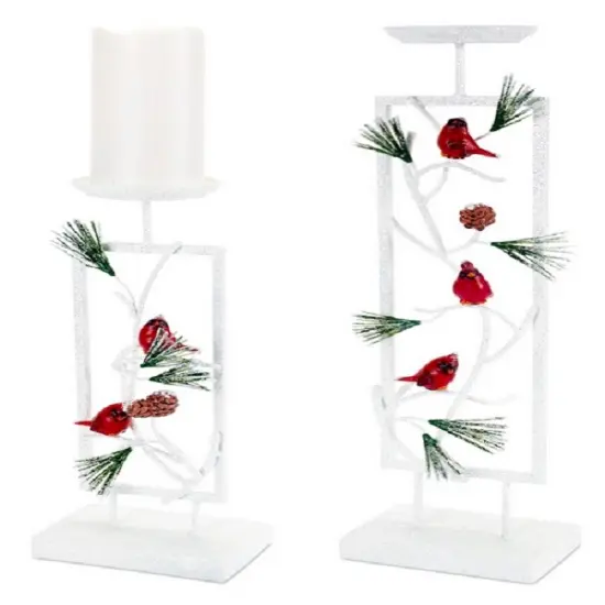 Melrose Snowy Cardinal and Pine Christmas Pillar Candle Holders - 19.5" - Set of 2 White {1}