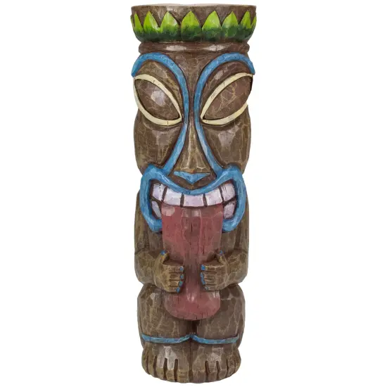 Northlight 16" Solar Lighted Polynesian Outdoor Garden Tongue Out Tiki Statue Brown {1}