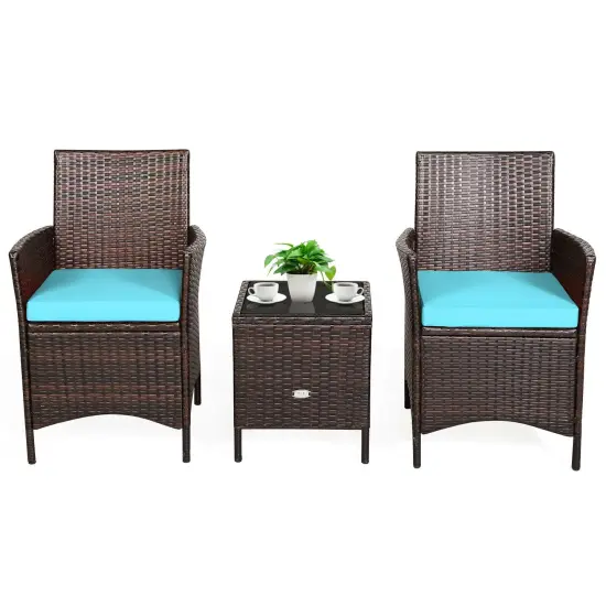 3 Pieces Patio Rattan Furniture Set Cushioned Sofa and Glass Tabletop Deck Blue {4}